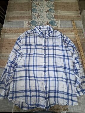 Brooks Brothers Men's Linen Shirt, Long-Sleeve, Button-up, Blue White Plaid, XXL
